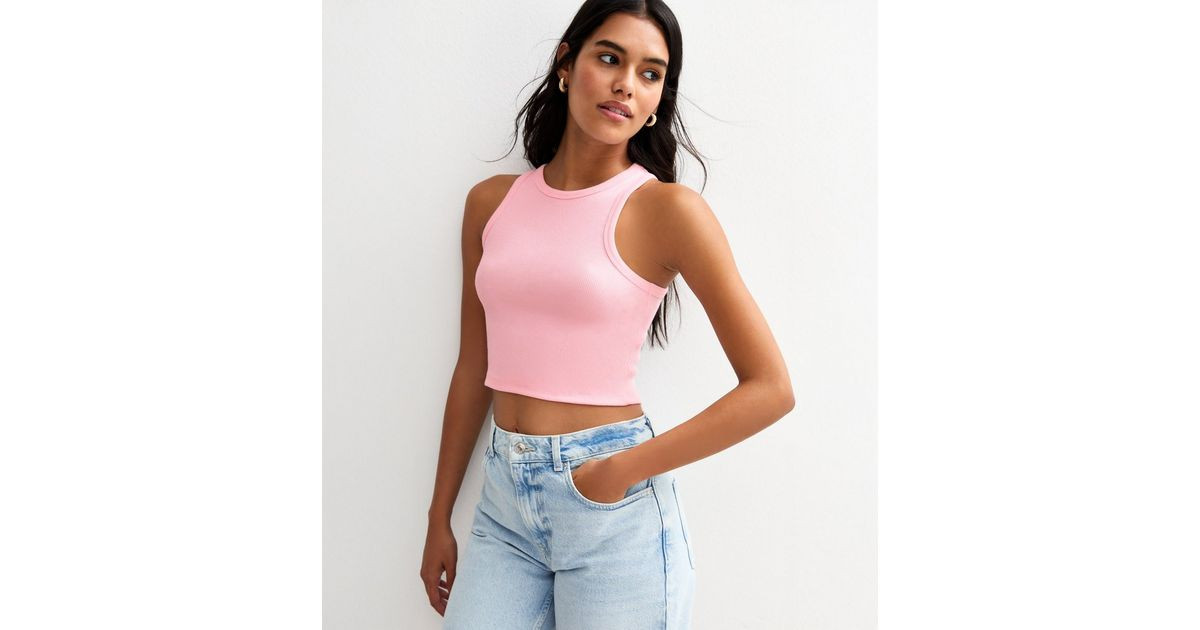 Pink Ribbed Cotton Racer Back Crop Vest | New Look | New Look (UK)