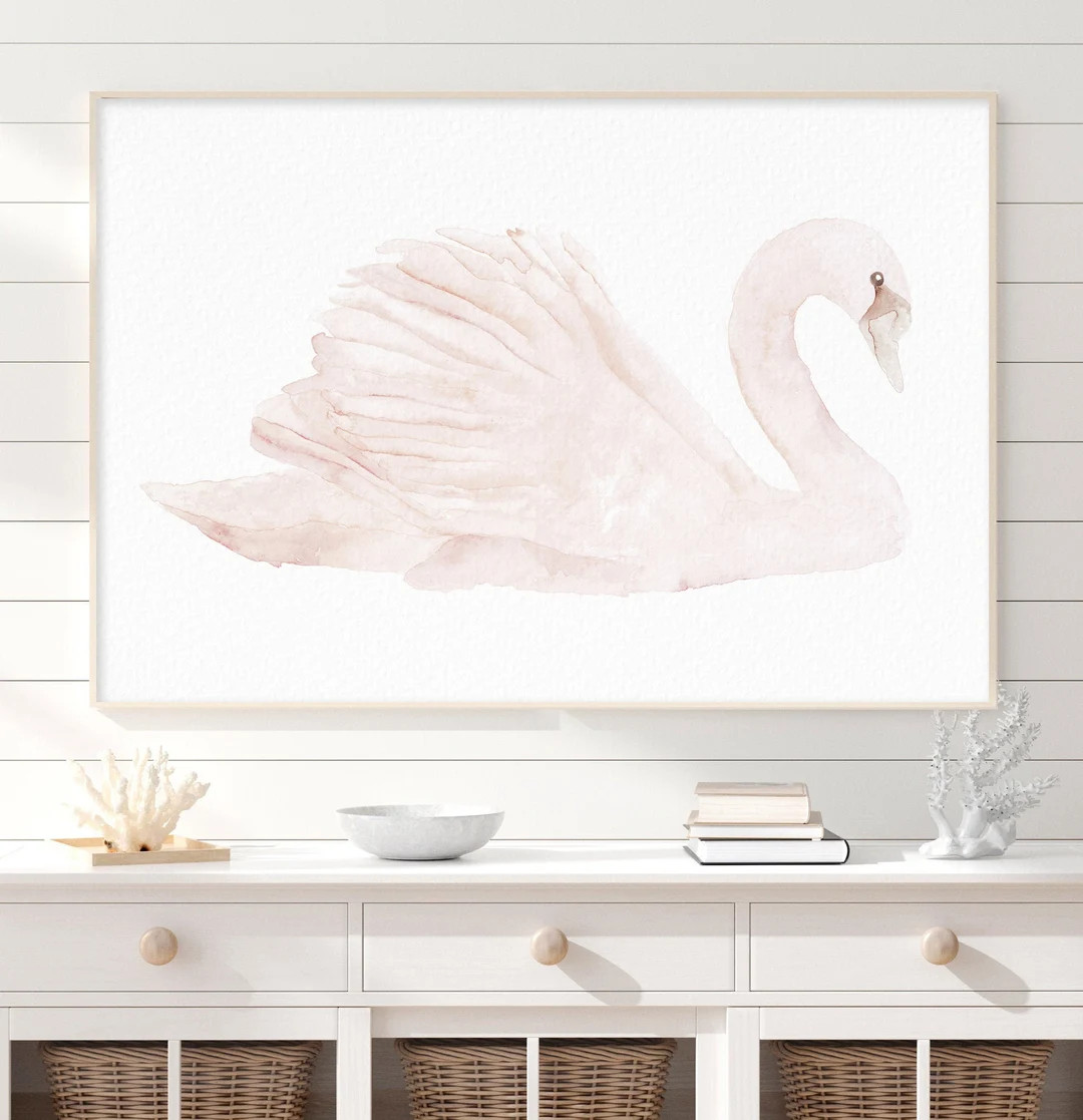 Swan Watercolor Print, Minimalist Blush Pink Feather Pink Bird, Swan Painting, Nature Wall Decor,... | Etsy (US)