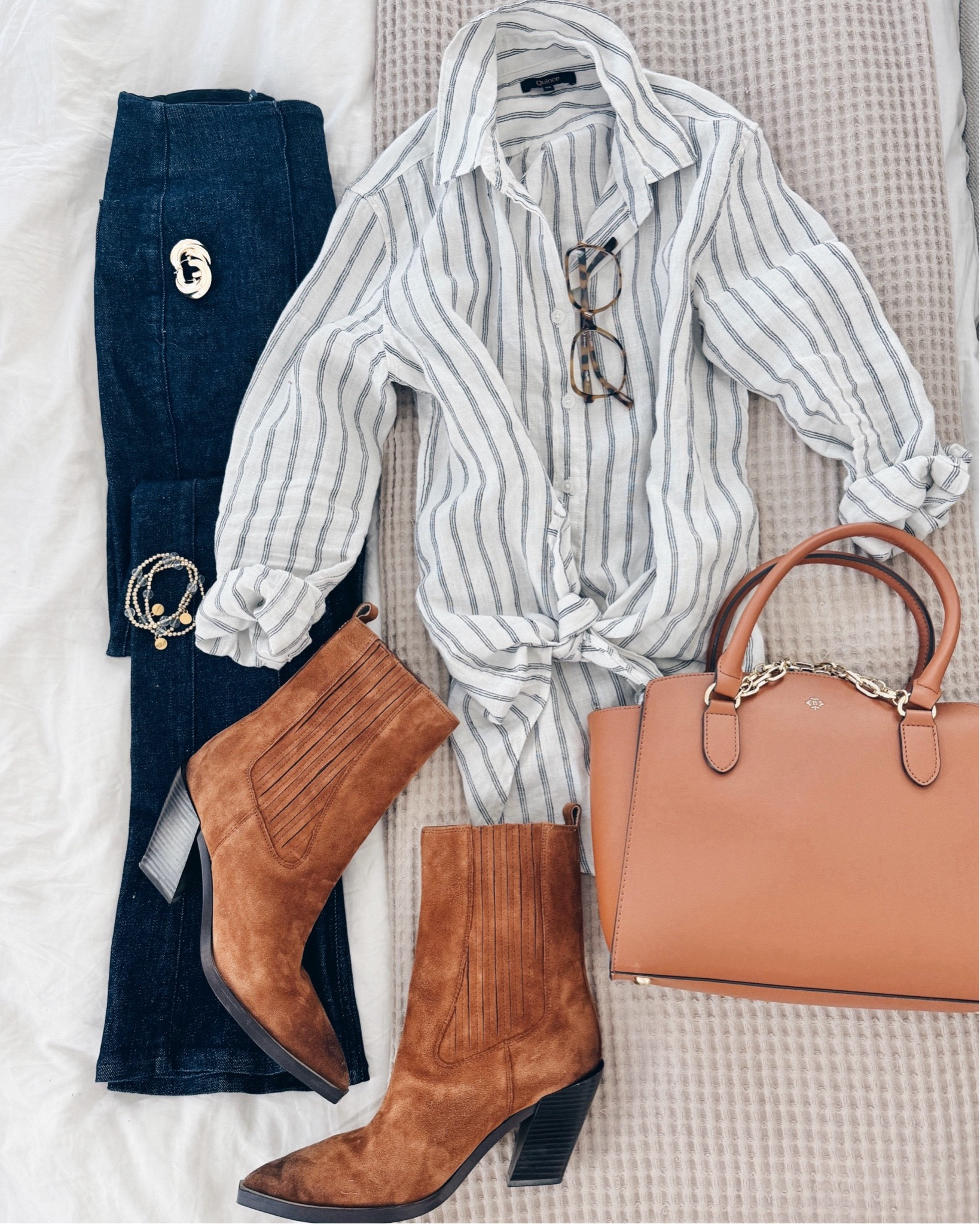 Fall outfit with brown booties!  I am 5’11” in small tall in the jeans (use code RACHELXSPANX for a discount on the jeans) and xs top.  I order uo .5 in all booties including these.  

#LTKItBag #LTKShoeCrush #LTKSaleAlert