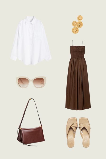 Neutral capsule travel outfit for summer. Brown dress redone, Freda Salvador, H&M, Celine, staud, wandler, net a porter, chic holiday outfits, minimalist travel outfit ideas  