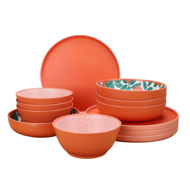 Mainstays by Becky G. & Alejandra Bamboo Melamine 12-Piece Dinnerware Set, Orange & Green | Walmart (US)