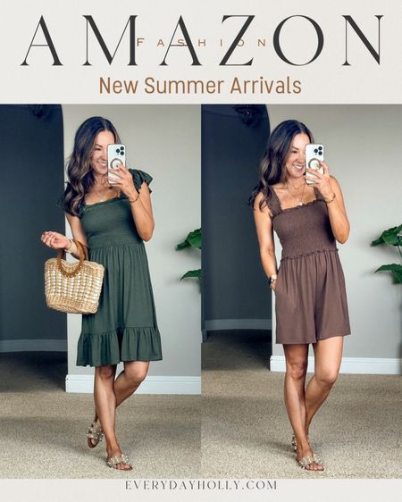 💥Sale! 22% off dress & 32% off romper! Easy summer outfits romper in coffee small and dress in green small. Square neck and wide straps, smocked bodice, stretchy and comfy.  I linked similar shoes and the outfit at the beginning of reel.  mom style, summer dress, 

#LTKstyletip #LTKsalealert #LTKover40