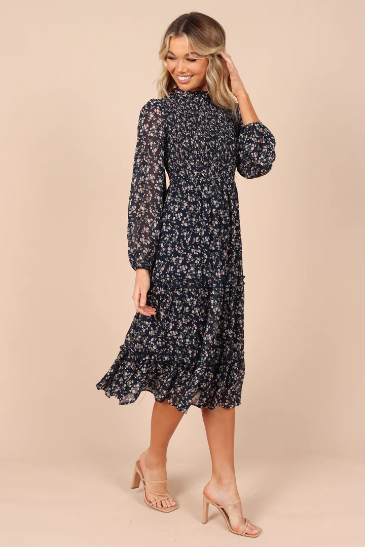 Edwina Shirred Frill Long Sleeve Midi Dress - Navy Floral | Petal & Pup (US)