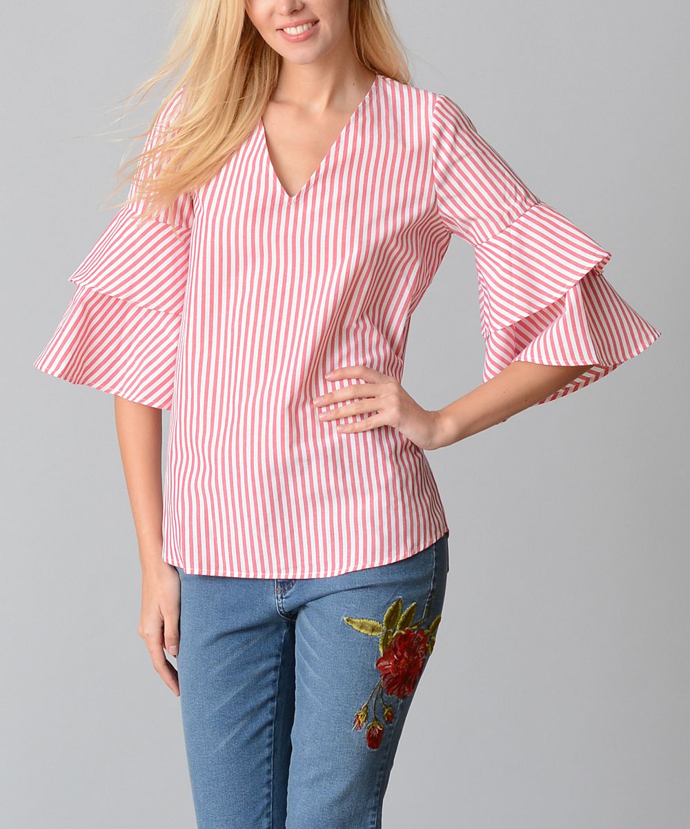 Red & White Stripe Tiered-Sleeve V-Neck Top - Women & Plus | zulily