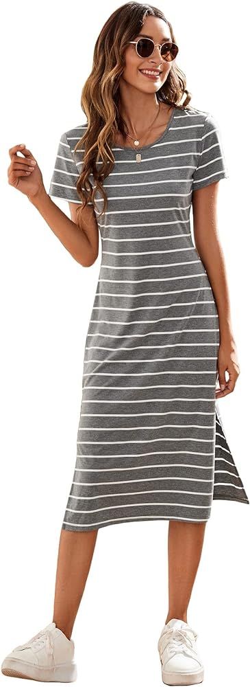 Floerns Women's Casual Striped Split Thigh Midi T Shirt Dress | Amazon (US)