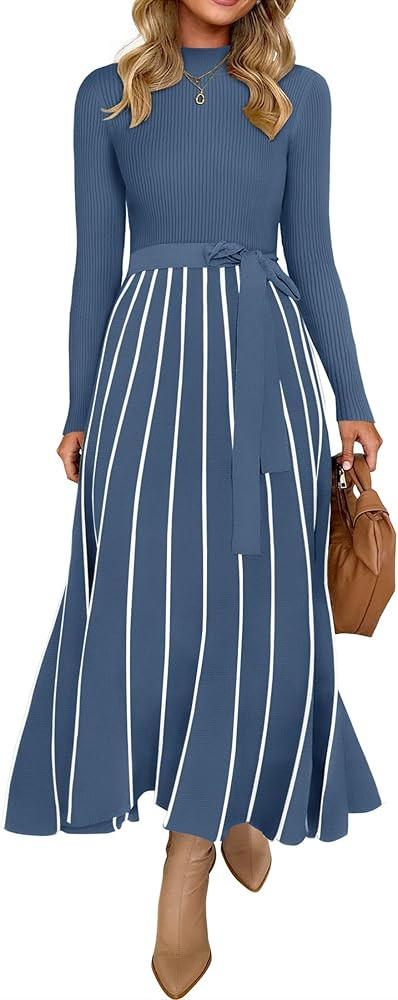 ZESICA Womens 2024 Fall Turtleneck Long Sleeve Sweater Dress Tie Waist Casual Loose Ribbed Knit A... | Amazon (US)