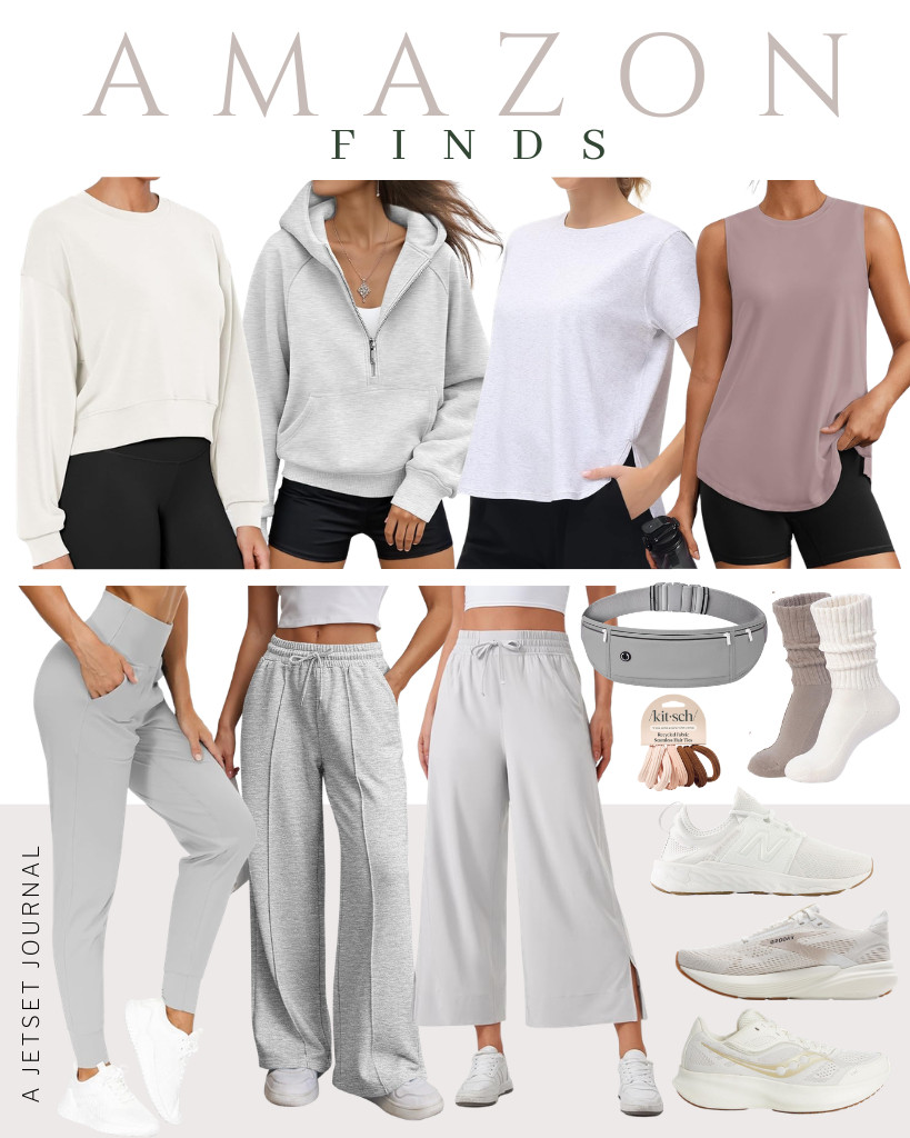 This week's lineup for Amazon Athleisure has officially arrived! I am loving this gray fleece half-zip hoodie paired with a soft white crewneck cropped sweatshirt. You can also mix things up by layering with this warm ash-grey tank top. This slim, light-gray running belt completes the look, keeping your hands free.

#LTKSeasonal #LTKSaleAlert #LTKTravel 

 