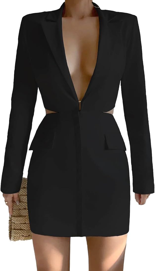 Women's Long Sleeve Blazer Dress Elegant Sexy Deep V Neck Lapel Casual Cutout Mini Dresses 2023 | Amazon (US)