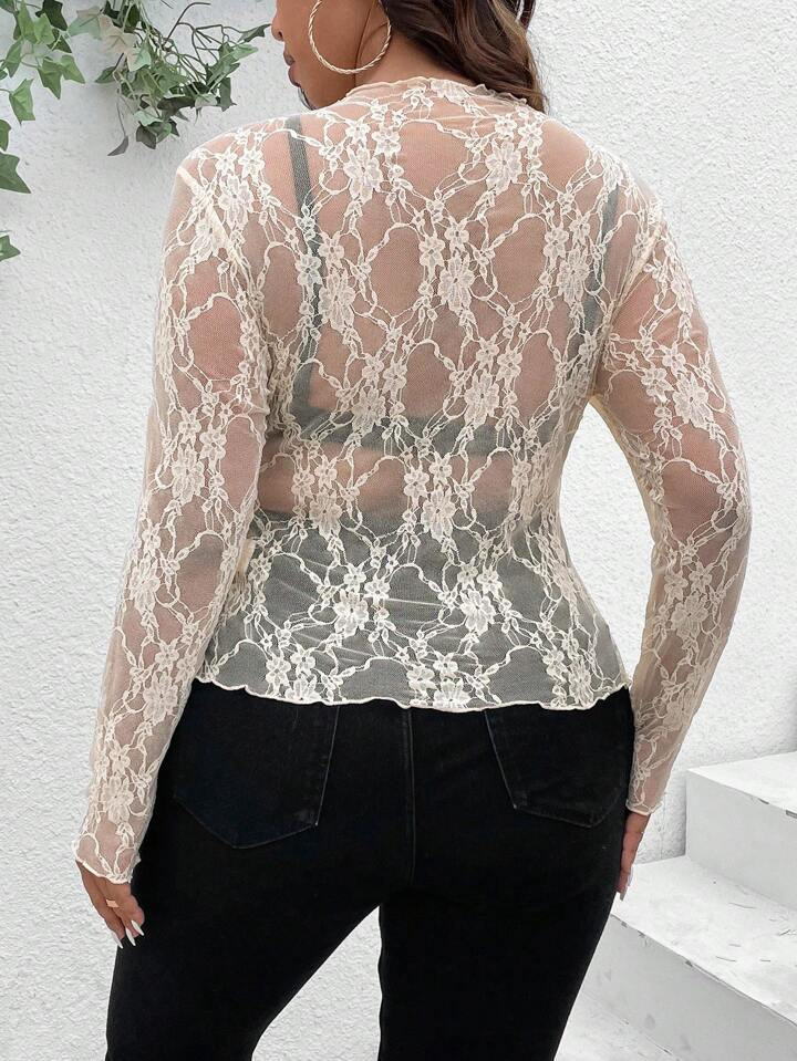 SHEIN SXY Women's Plus Size Round Neck Long Sleeve Lace Top | SHEIN