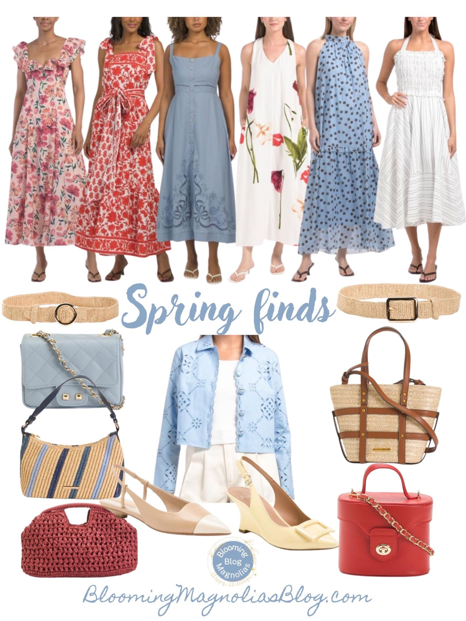 Great spring finds: spring dresses, spring bags, spring shoes. 