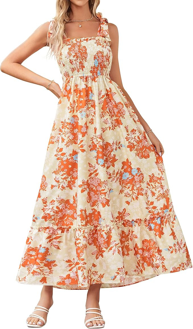 ZESICA Women's Boho Summer Floral Print Tie Straps Sleeveless Square Neck Smocked Flowy Ruffle A ... | Amazon (US)