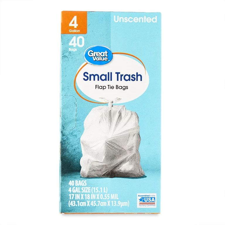 Great Value Small Trash Flap Tie Bags, 4 Gallon, 40 Count | Walmart (US)