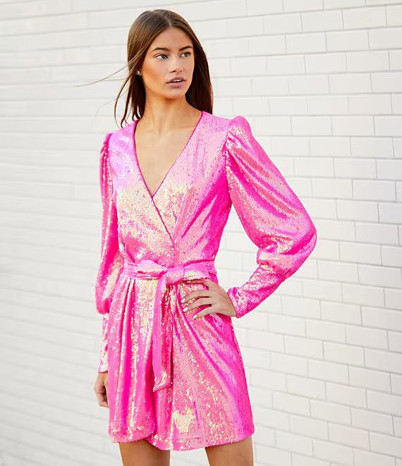 V-Neck Long Sleeve Sequin Wrap Dress | Dillard's