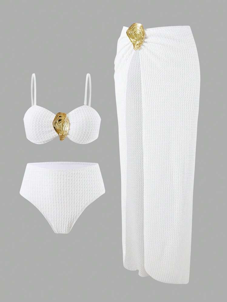 Swim Oasis 3pcs Women Swimwear Set: Textured Bandeau Top, Triangle Bikini Bottoms And High Slit Beach Dress With Gold Shell Decoration, Springbreak | SHEIN