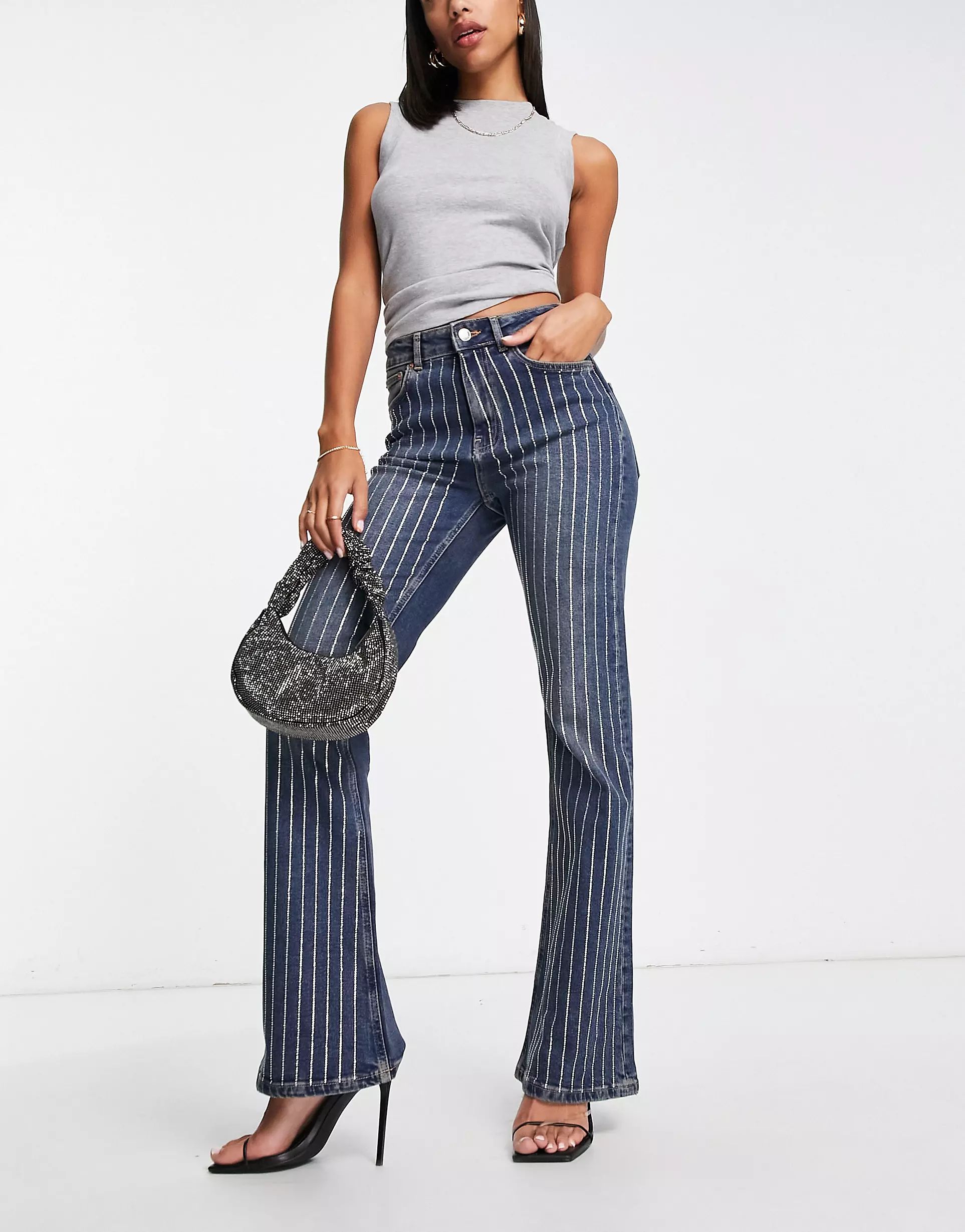 ASOS DESIGN flared jeans with diamante pinstripe in blue | ASOS (Global)