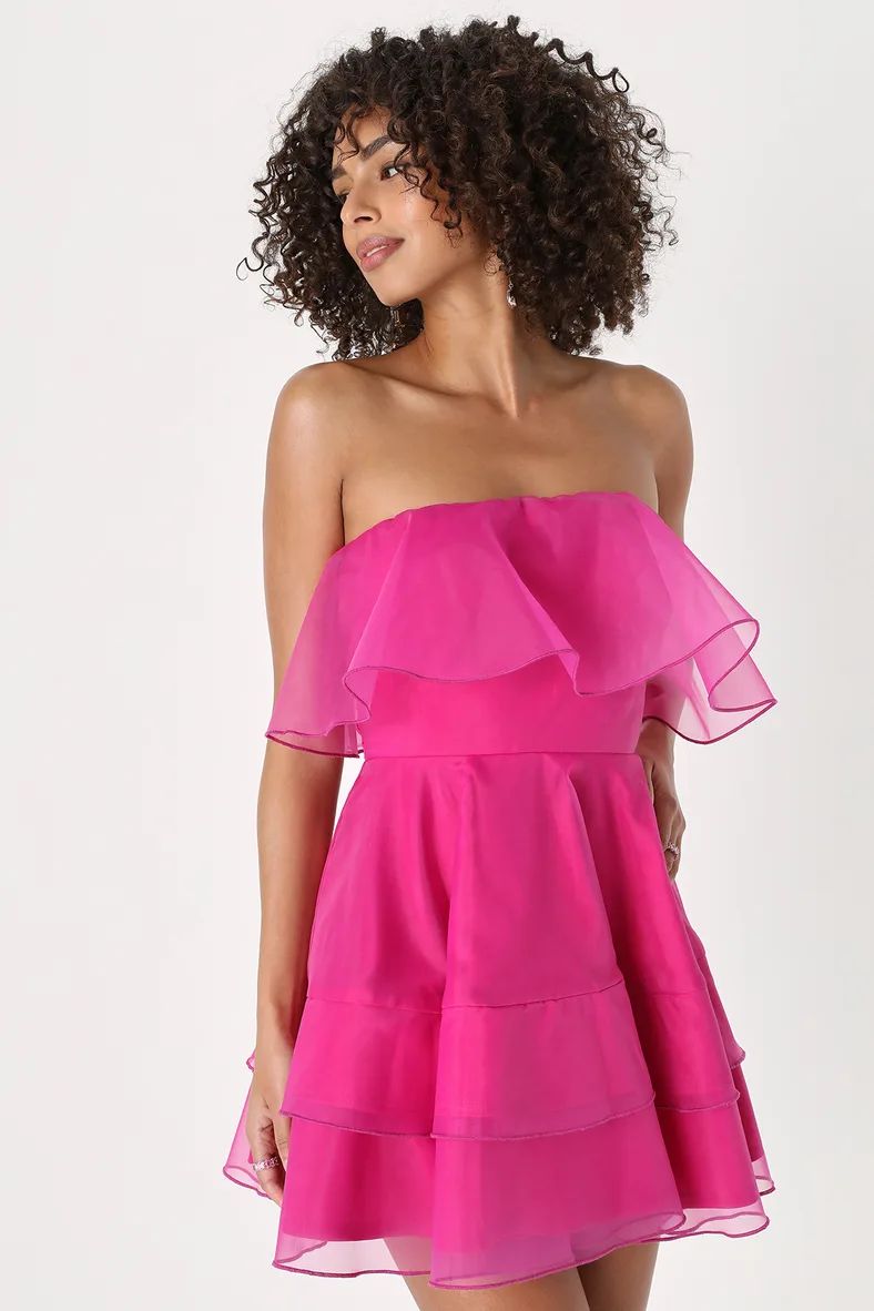 Adored Darling Magenta Organza Ruffled Strapless Mini Dress | Lulus (US)