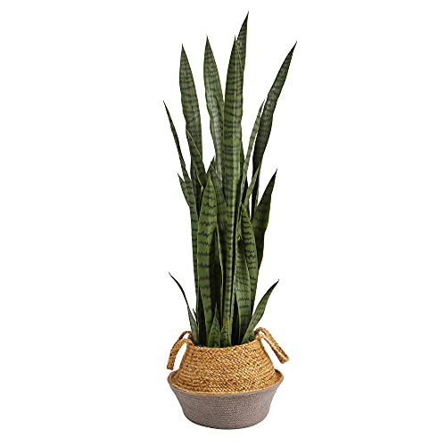 Nearly Natural 46-in Artificial Tall Snake Plant Sansevieria, Faux Snake Plant for Indoor Home Decor, Boho Chic Handmade Cotton & Jute Grey Woven Planter, Fake Plant for Office, Living Room, Bedroom | Amazon (US)