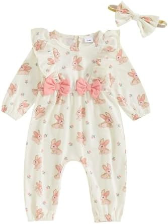 Newborn Baby Girl Easter Outfit Bunny Duck Print Romper Ruffle Long Sleeve Jumpsuit with Headband... | Amazon (US)