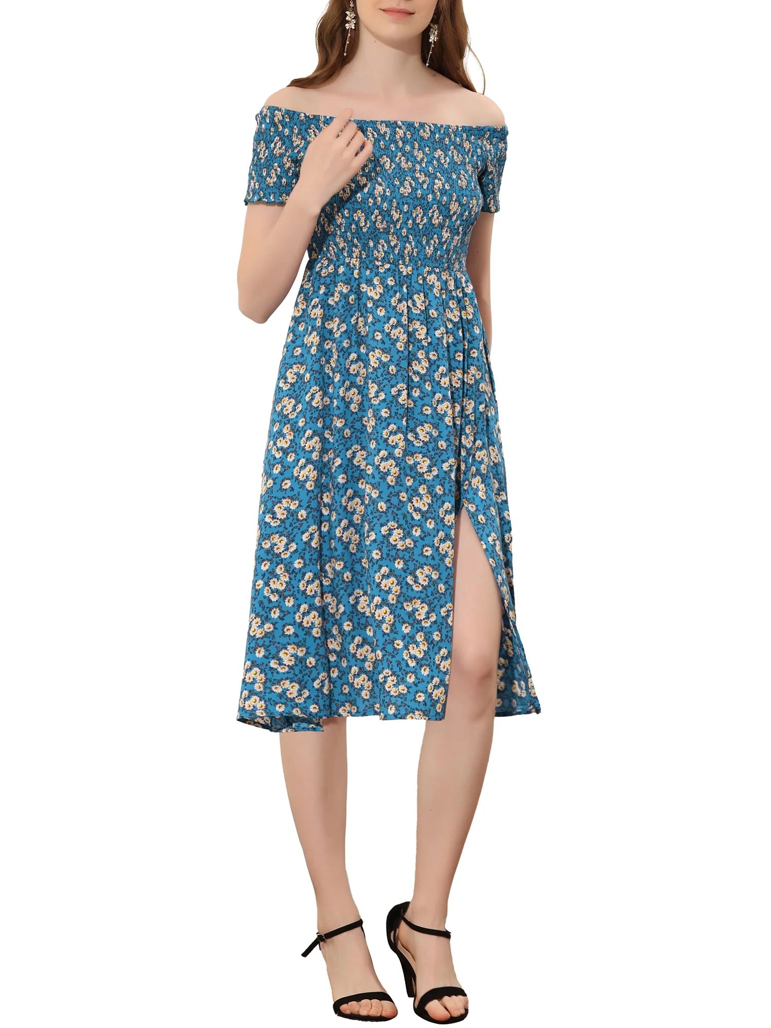 Allegra K Women's Boho Floral Print Off Shoulder High Split Long a Line Dress | Walmart (US)