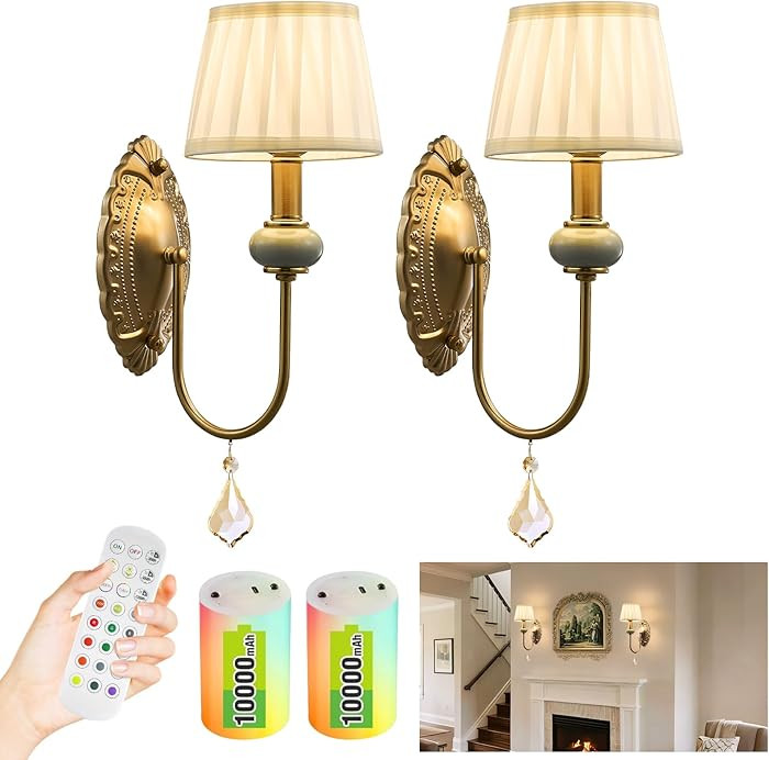 Wireless Battery Operated Antique Brass Wall Sconces Set of 2, 10000mAh Rechargeable Gold Crystal... | Amazon (US)