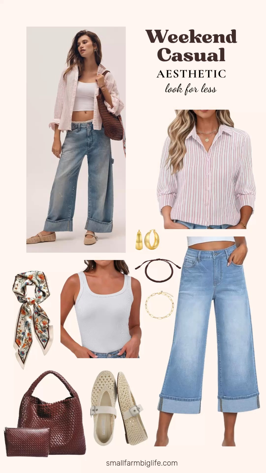 Love the weekend casual aesthetic but not the designer price tag? I found all the pieces on Amazon for so much less! From wide leg high waist crop jeans and a pink striped button down to a classic scoop neck tank, woven mary jane ballet flats, a beautiful woven tote bag, a pretty floral satin scarf, and the most delicate gold jewelry including wide hoop earrings, a dainty chain bracelet, and a woven string bracelet, you can get the whole effortless and charming look for a fraction of the cost. Linking everything below! 

 #LTKgrwm #LTKootd #LTKOver40