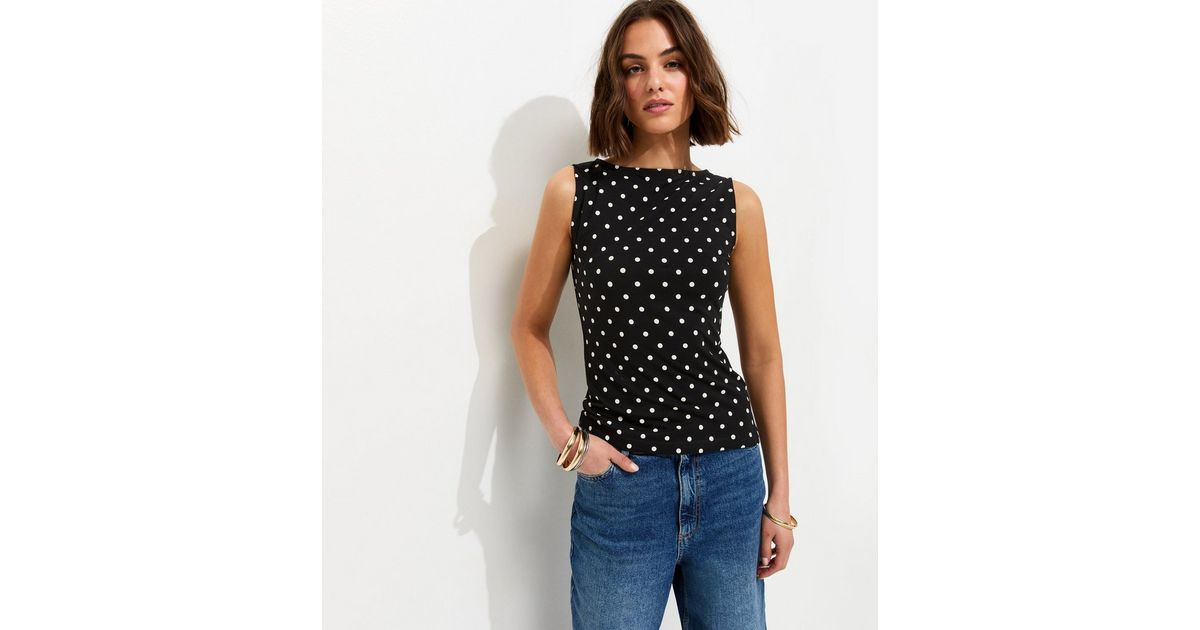 Black Cotton Rich Polka Dot Slash Neck Sleeveless Top | New Look | New Look (UK)
