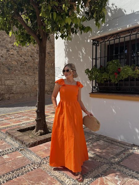 Summer outfit idea - orange maxi dress from Laura Byrnes x Very edit, cos raffia clutch bag, tan sandals & celine metal triomphe sunglasses  

#LTKSeasonal #LTKstyletip #LTKeurope