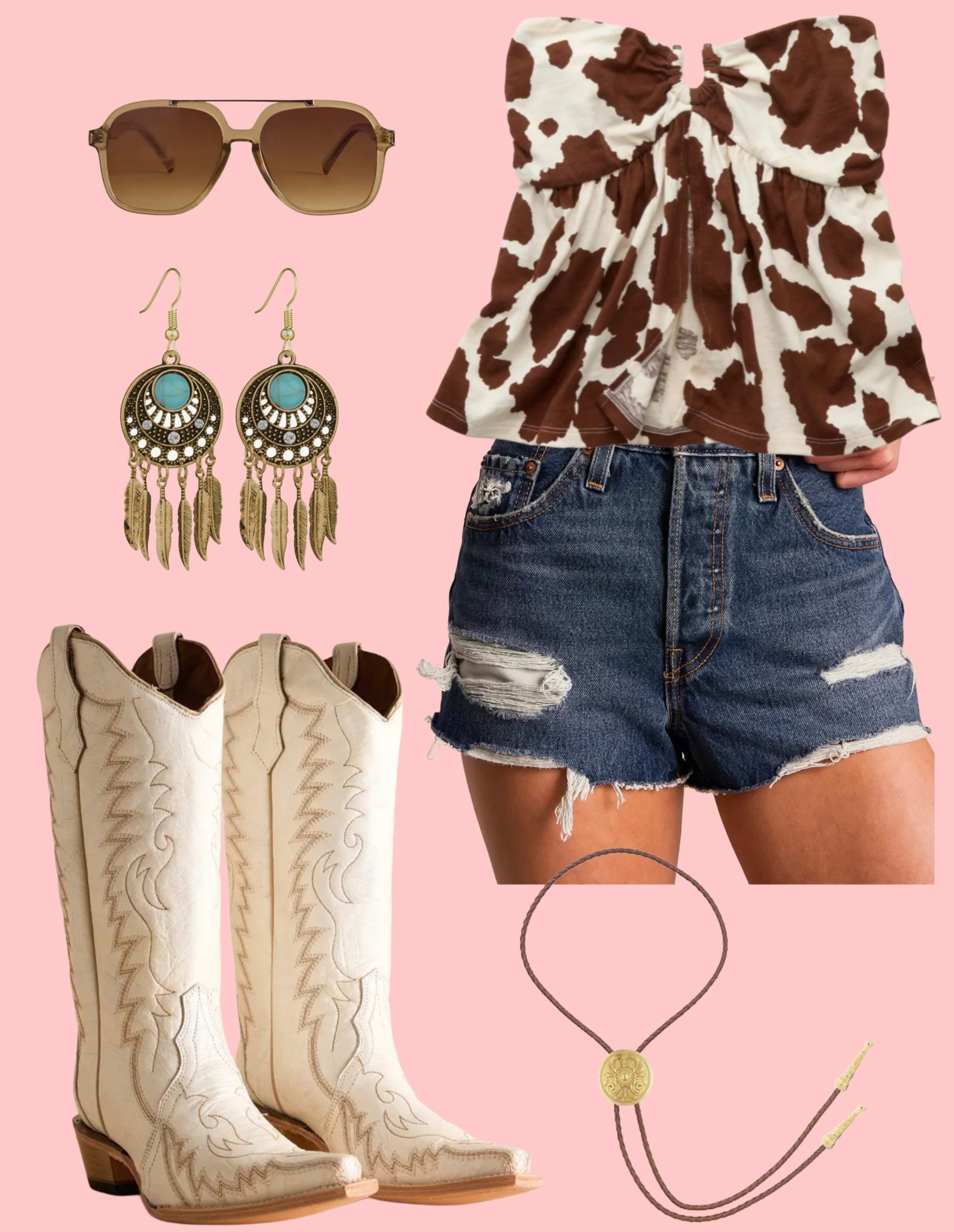 Strapless cowprint top paired with dark wash denim cut off shorts and ivory western boots! Summer outfit inspo 🤠 

#LTKFestival #LTKSeasonal #LTKootd