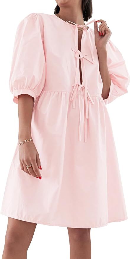 AKLOPVII Women's Summer Dresses Tie Up Puff Sleeve Midi Dress Crew Neck Loose Fit Casual Y2K Beac... | Amazon (US)
