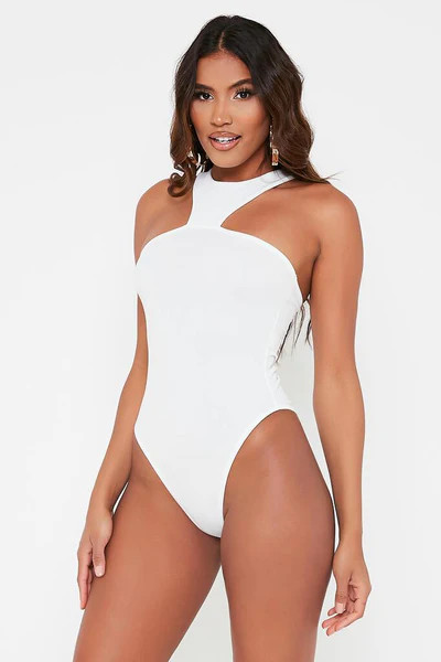 White Valentino Crepe Cut Out High Neck Bodysuit | ISAWITFIRST