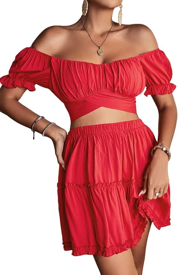 LYANER Women's 2 Piece Outfits Floral Off Shoulder Tie Up Crop Top and Mini Skirt Set | Amazon (US)