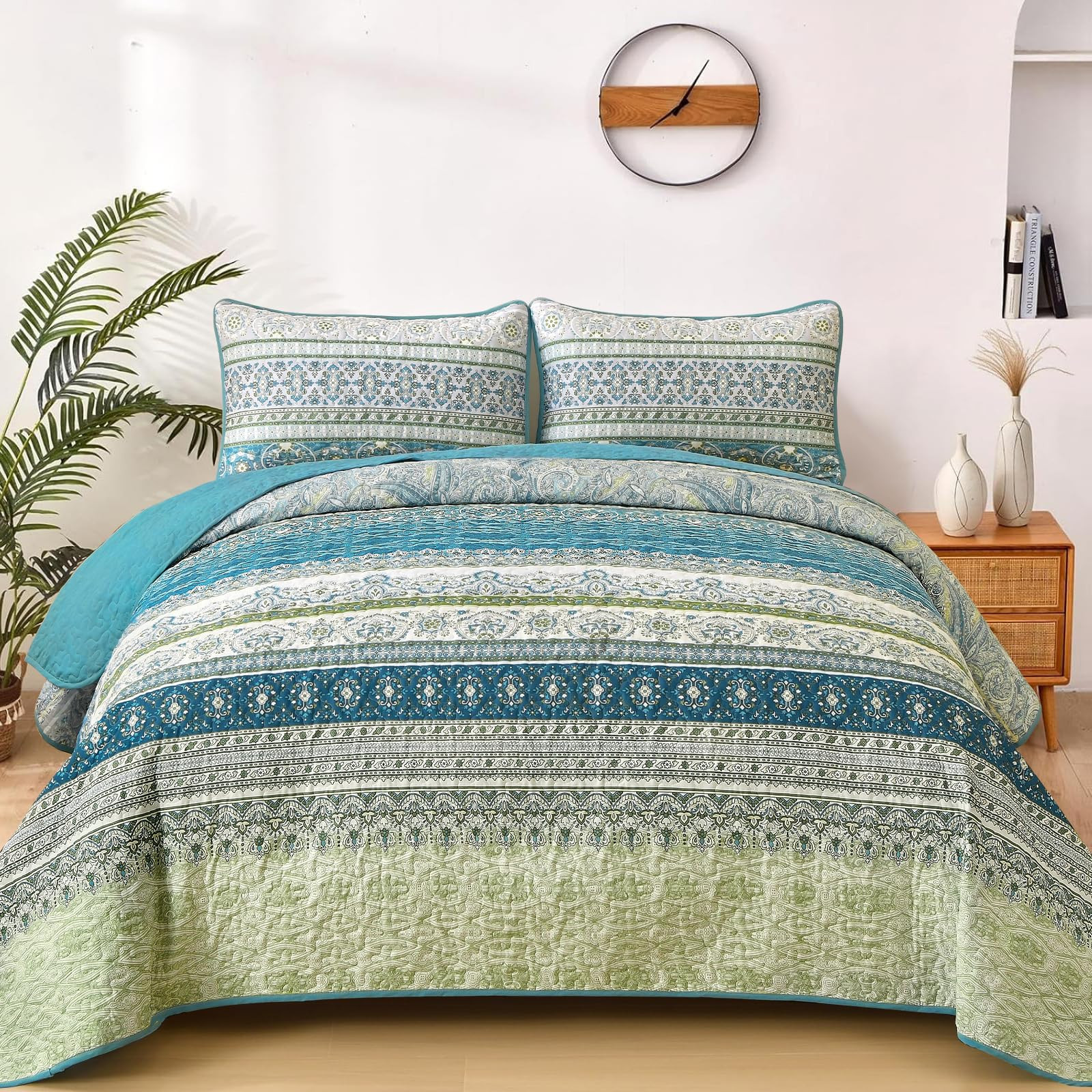 WONGS BEDDING Boho Quilt Set Queen Size Aqua, 3 Pieces Striped Bedspread Coverlet Set, Bohemian S... | Amazon (US)