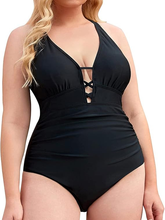 Yonique Women Plus Size One Piece Swimsuit Slimming Tummy Control Bathing Suits Lace up Plunge V ... | Amazon (US)