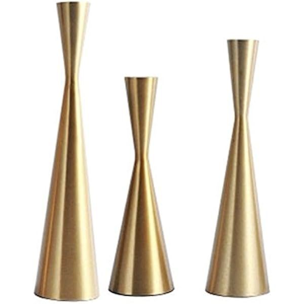 Vixdonos Brass Gold Taper Candlestick Holders Metal Candle Holders Set of 3 Table Decorative Candle  | Amazon (US)