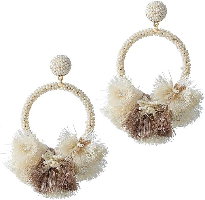 Large Fan Fringe Tassel Earrings For Women Fashion Statement Bohemian Big Denim Handmade Beaded H... | Amazon (US)