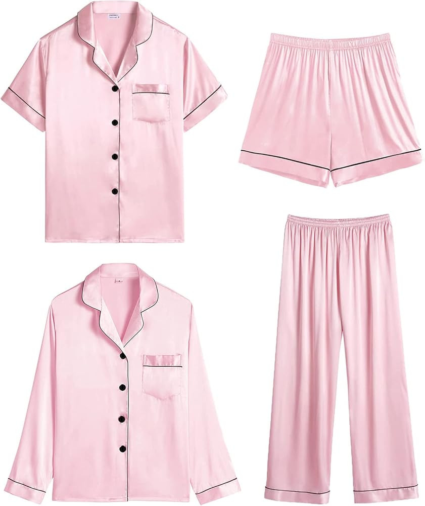 SWOMOG Women 4 Pcs Silk Satin Pajamas Set Button Down Sleepwear Loungewear Pj Sets | Amazon (US)