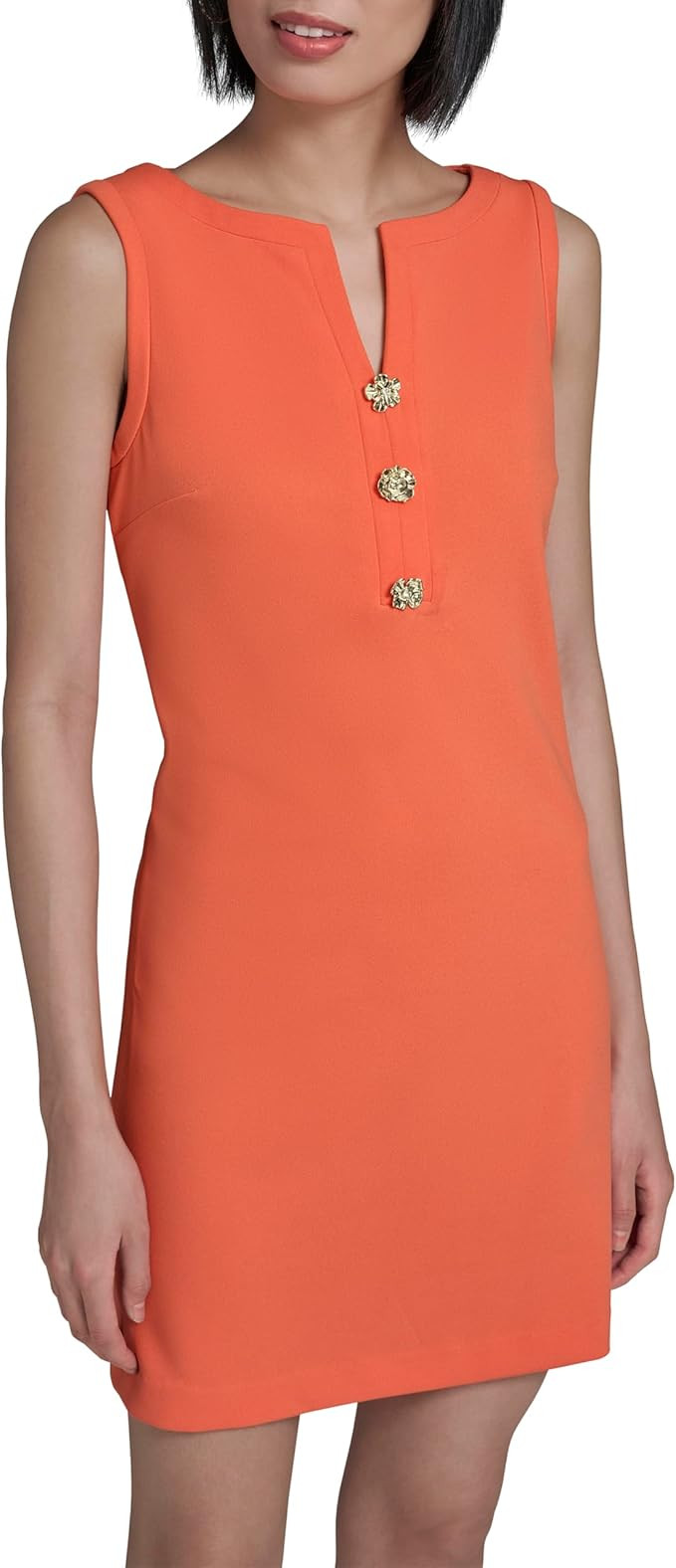 Karl Lagerfeld Women's Sleeveless Gold Buttoned Split Neck Mini Sheath Dress | Amazon (US)