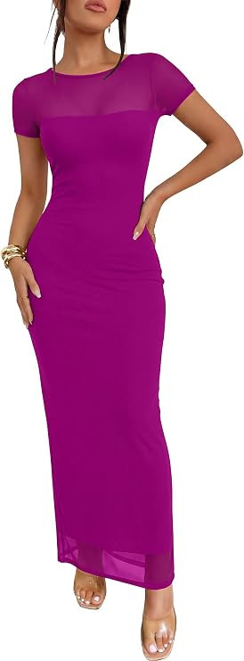 Caracilia Women's Wedding Guest Dress,Double Lined Soft Floral Mesh Maxi Dress,Short Sleeve Bodyc... | Amazon (US)