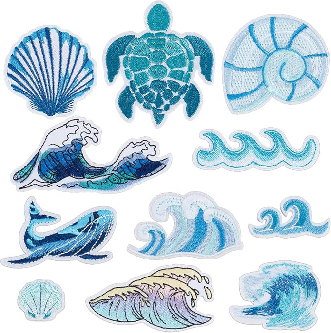 AHANDMAKER 22pcs 11 Styles Ocean Theme Embroidered Patch, Wave Whale Shell Shape Sea Turtle Sewin... | Amazon (US)