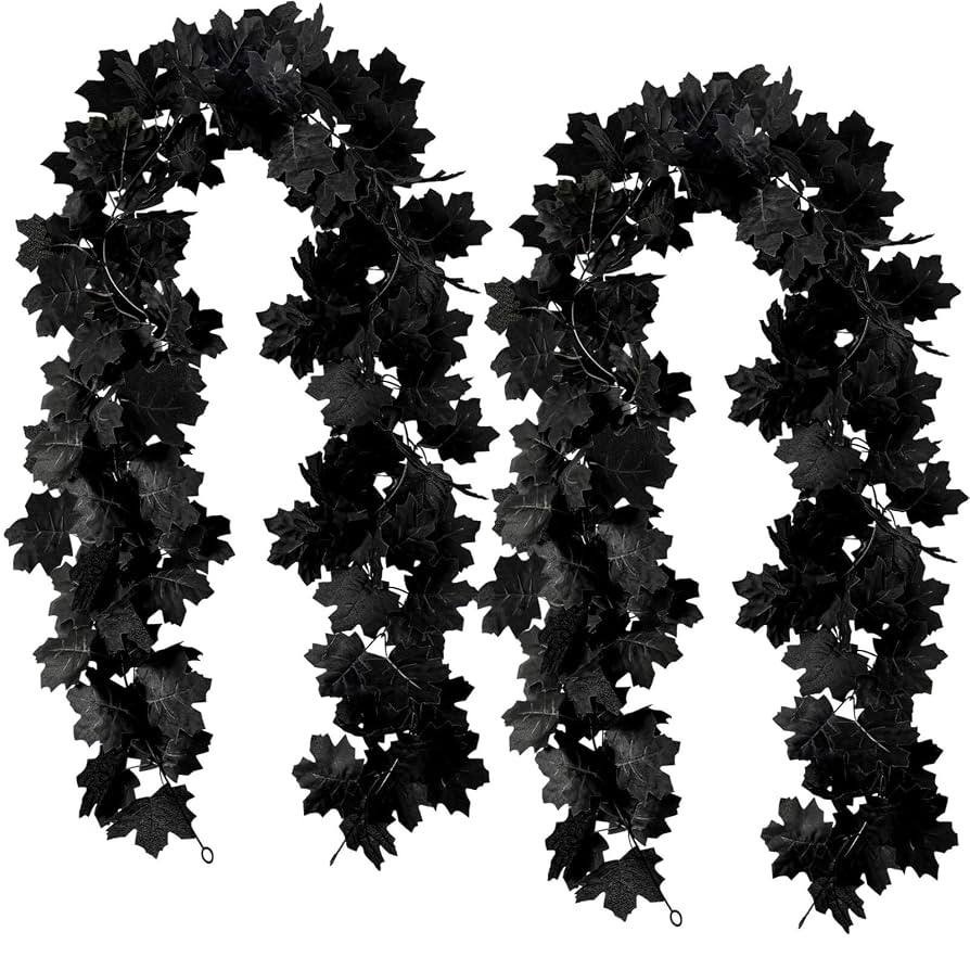 Black Maple Leaf Garland, 2PCS Halloween Artificial Hanging Fall Leave Vines, Fall Floral Garland... | Amazon (US)
