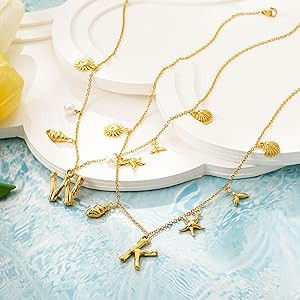 SLOONG Initial Charm Necklace for Women, Beach Pendant 14K Gold Plated Letter Neckalces Freshwate... | Amazon (US)