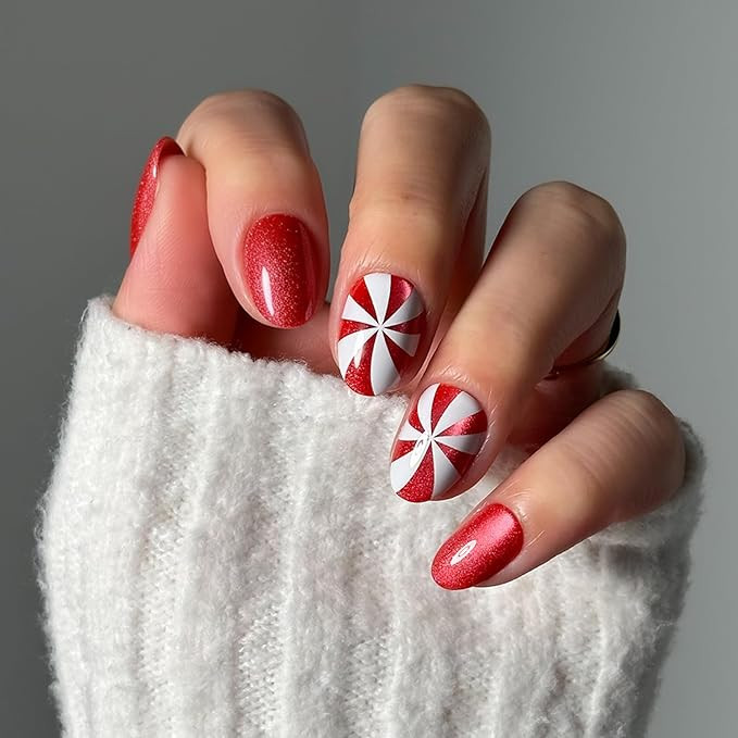 Glamnetic Press On Nails - Candy Crush | Short Oval Fake Nails with Candy Cane Swirl Design in a ... | Amazon (US)