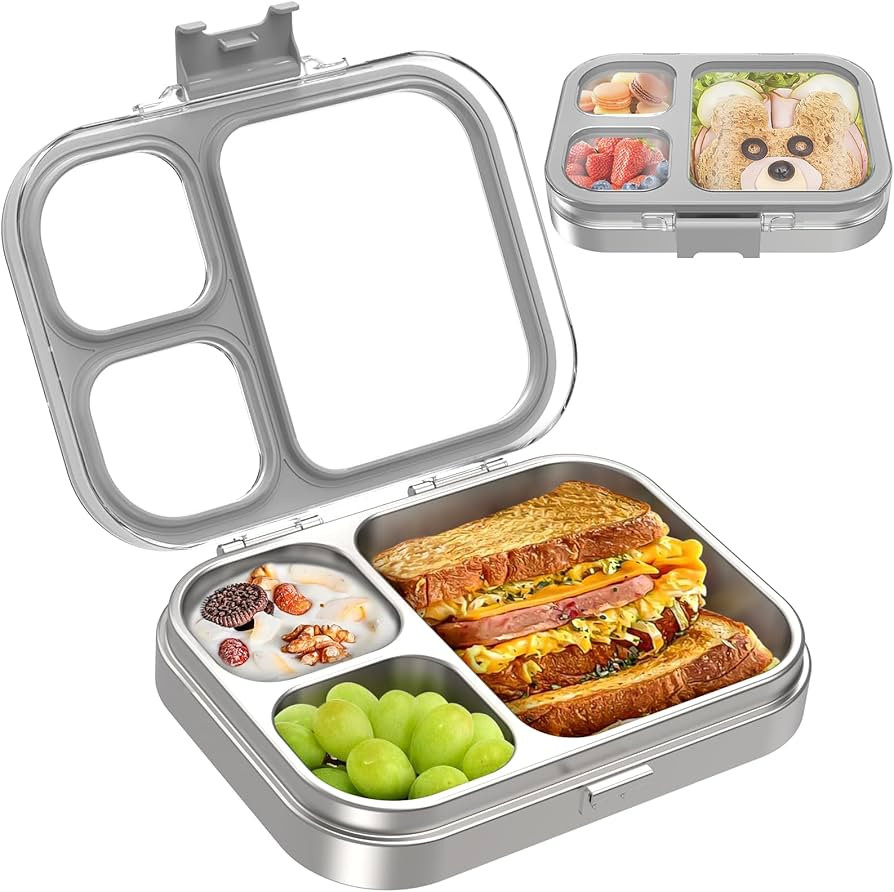 Kids Stainless Steel Bento Box with Silicone Lid Leak-proof Toddlers Lunch Container 3 Compartmen... | Amazon (US)