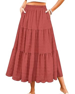 HUSKARY Women's Summer Casual Elegant Smock Layered Tiered Maxi Skirt High Waisted A Line Flowy L... | Amazon (US)
