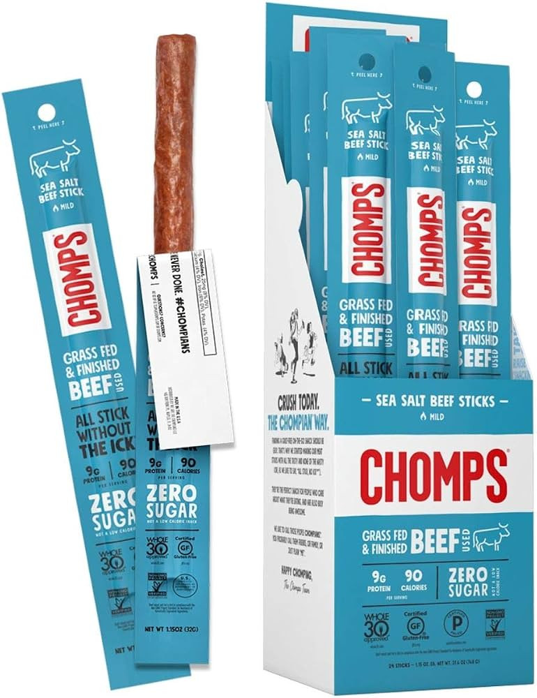 CHOMPS Grass Fed Sea Salt Beef Jerky Snack Sticks, Keto, Whole30, Paleo, Gluten Free, Sugar Free,... | Amazon (US)