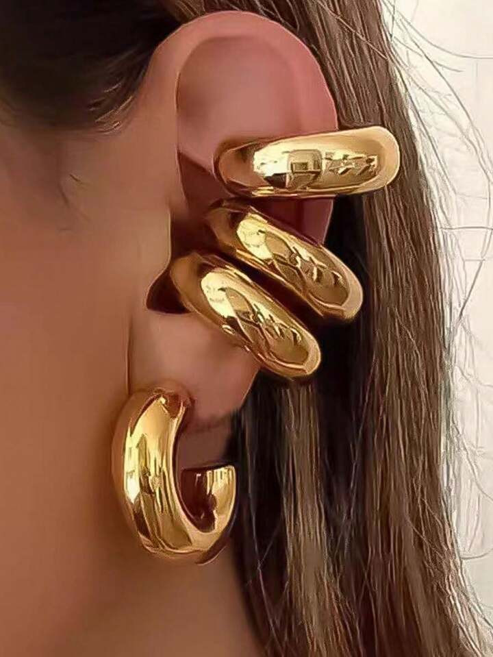 4pcs/Set Exaggerated European And American Hip-Hop Style Hoop Earrings With Ear Clips, Gold-Tone | SHEIN