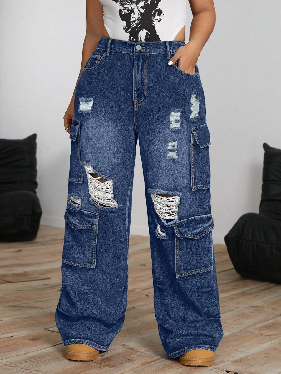 SHEIN CURVE+ Plus Size Women's Vintage Distressed Straight Leg Loose Fit Jeans | SHEIN