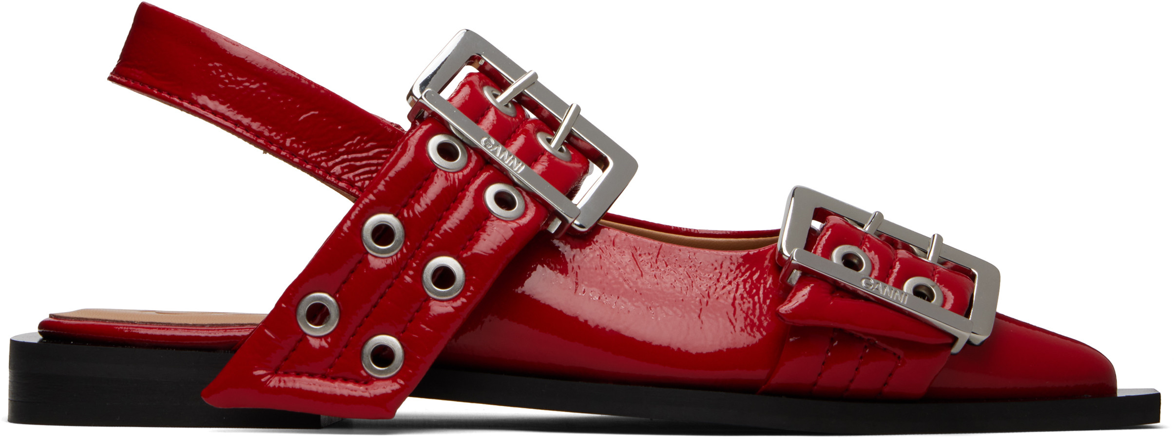 GANNI Red Feminine Buckle Ballerina Flats | SSENSE