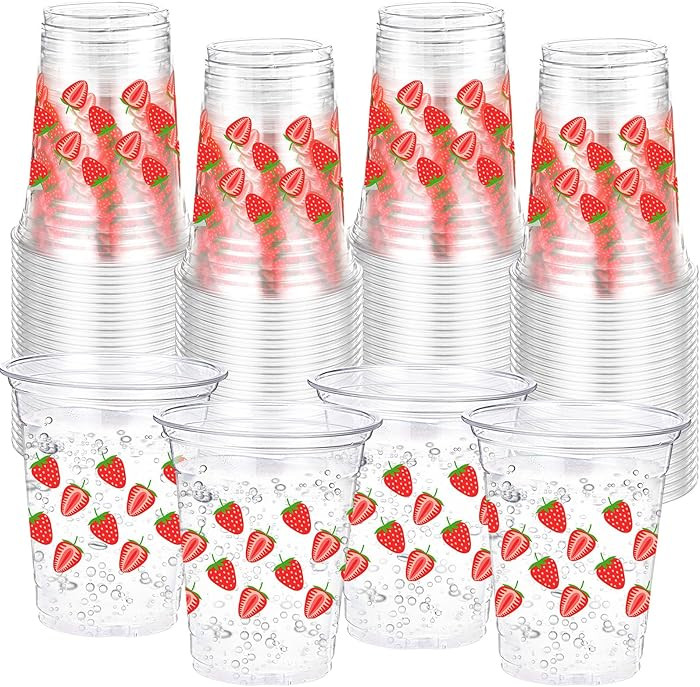 100 Pack Strawberry Plastic Cups 16 oz Red Strawberry Disposable Clear Fruit Cups for Birthday Ba... | Amazon (US)