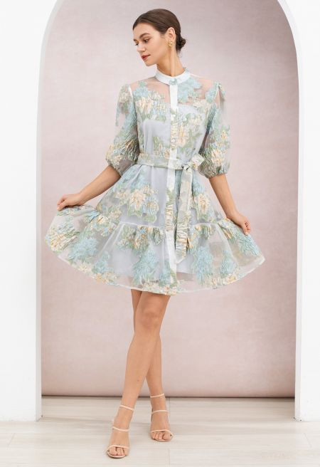Floral Jacquard Puff Sleeves Organza Buttoned Belted Dolly Dress in Baby Blue for Garden Parties ... | Chicwish